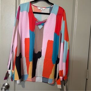 Crosby By Mollie Burch Spring Colorblock Rooney Top XL Bow Sleeve V Neck